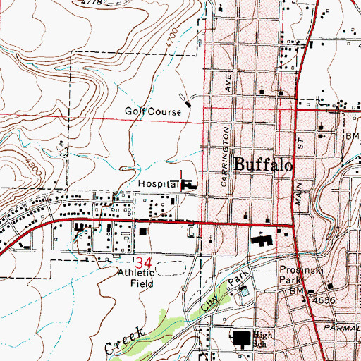 Topographic Map of Johnson County Memorial Hospital, WY