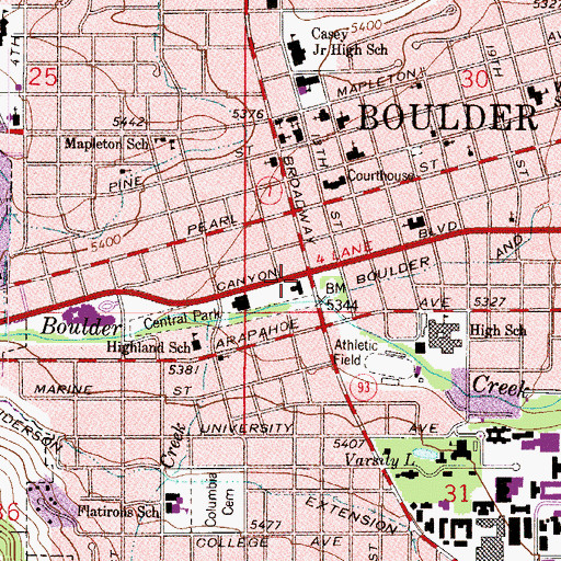 Topographic Map of Boulder Municipal Building, CO