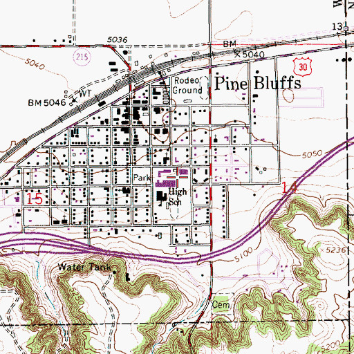 Topographic Map of Pine Bluffs Junior and Senior High School, WY