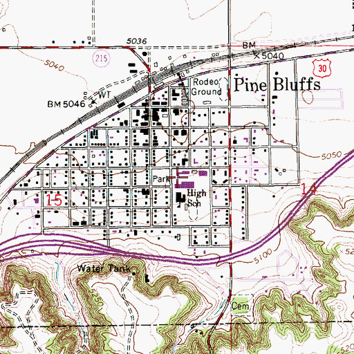 Topographic Map of Pine Bluffs Elementary School, WY