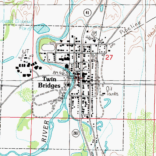 Topographic Map of Twin Bridges Post Office, MT