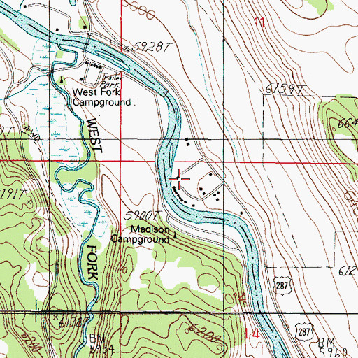 Topographic Map of West Fork Cabins and RV Park, MT