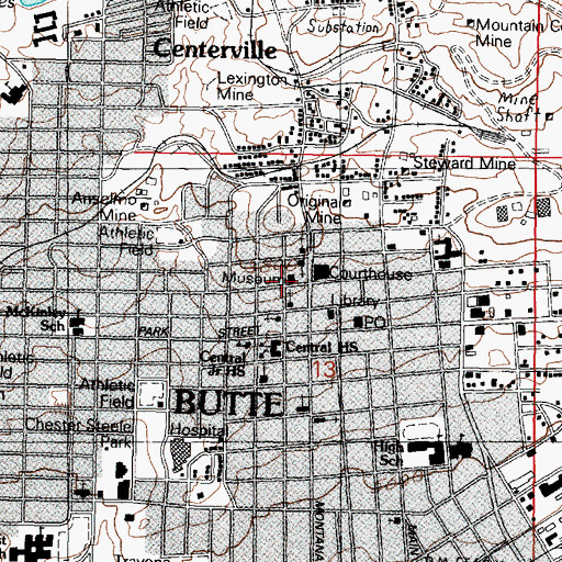 Topographic Map of Jacobs House Uptown Visitor Center, MT