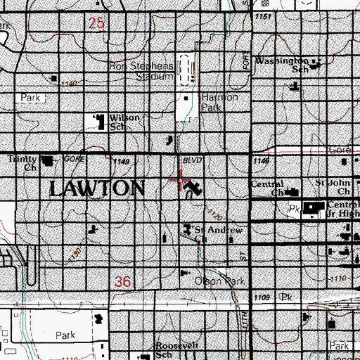 Topographic Map of First Presbyterian Church, OK