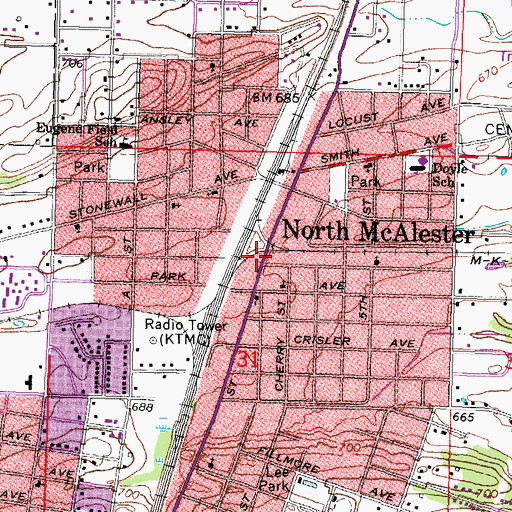 Topographic Map of Church of Christ-North Town, OK