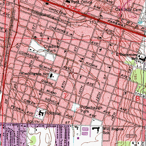 Topographic Map of East Lawn Church of God, OK