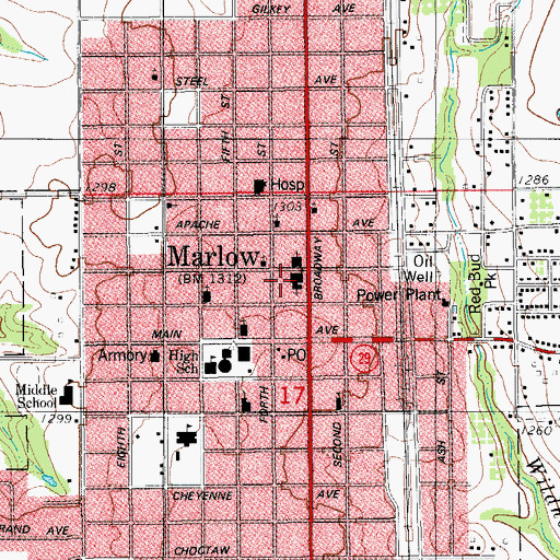 Topographic Map of First Baptist Church of Marlow, OK