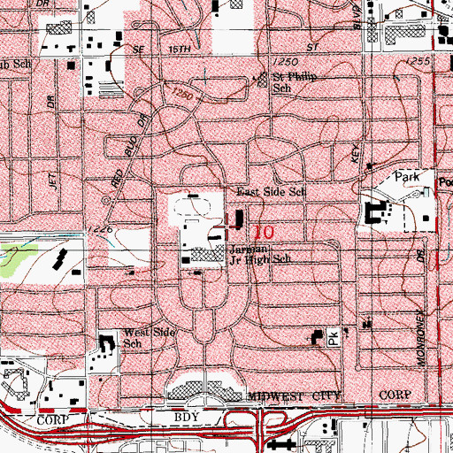 Topographic Map of First Baptist Church Midwest, OK