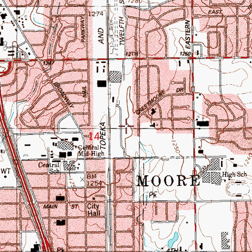 Topographic Map of First Church of God of Moore, OK