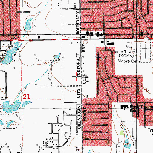 Topographic Map of Moore Church of God, OK