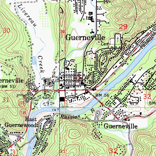 Topographic Map of Guerneville Branch Sonoma County Public Library, CA