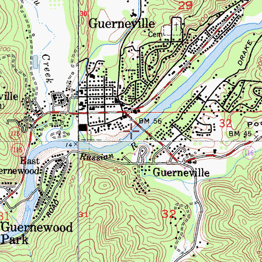 Topographic Map of Guerneville Bridge, CA