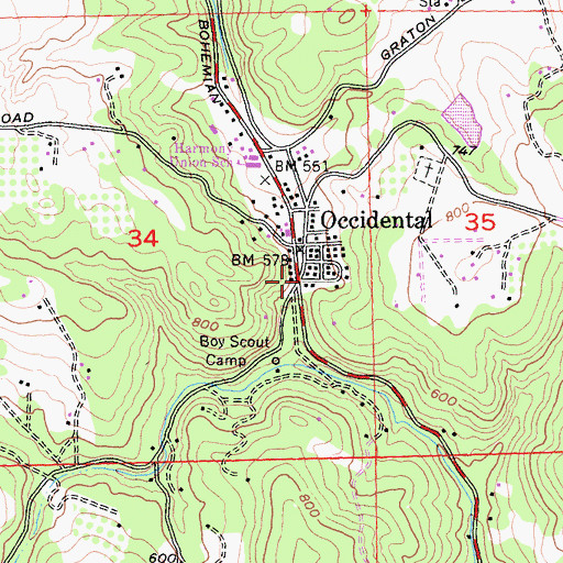 Topographic Map of Occidental Branch Sonoma County Library, CA