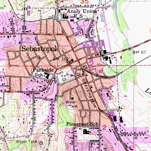 Topographic Map of Sebastopol Post Office, CA