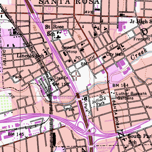 Topographic Map of Santa Rosa Plaza Shopping Center, CA