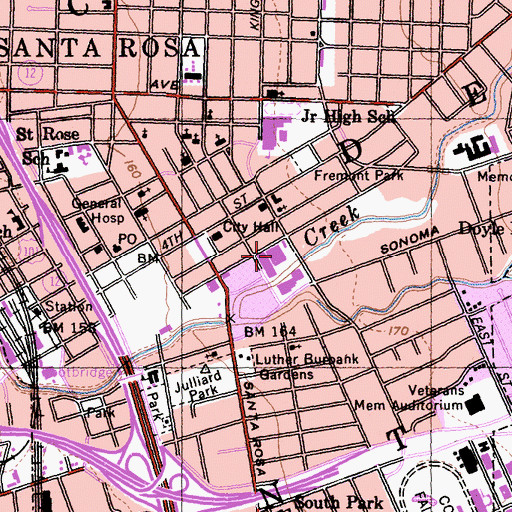 Topographic Map of Santa Rosa Post Office, CA