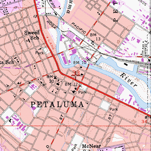 Topographic Map of Petaluma Fire Department Station 1 Headquarters, CA