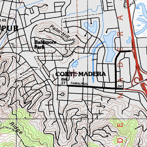 Topographic Map of Corte Madera Town Park, CA
