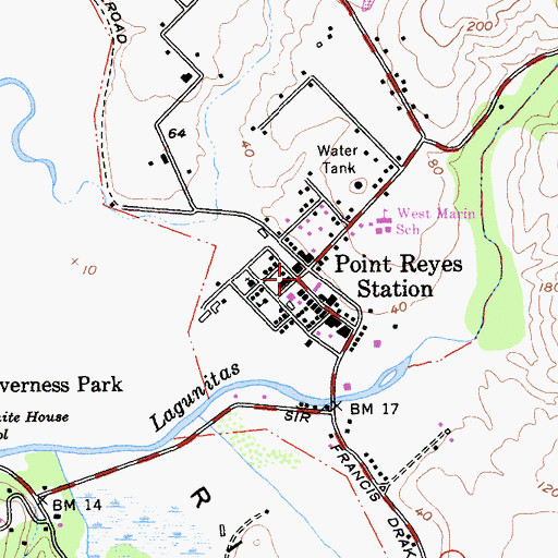 Topographic Map of Point Reyes Station Branch Marin County Free Library, CA