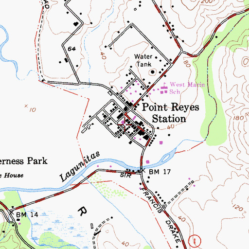 Topographic Map of Point Reyes Station Post Office, CA