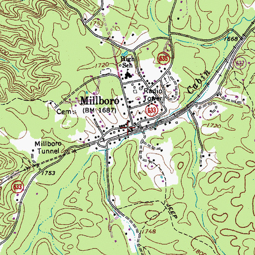 Topographic Map of Millboro Post Office, VA