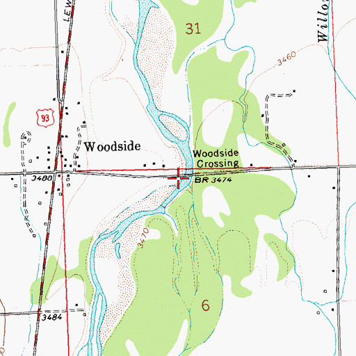 Topographic Map of Woodside Bridge, MT