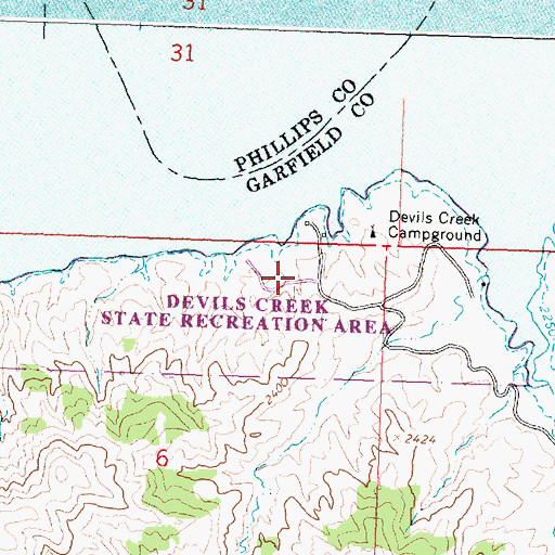 Topographic Map of Devils Creek State Recreation Area, MT