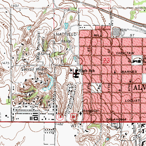 Topographic Map of Alva High School, OK