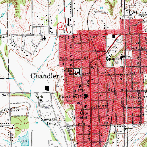 Topographic Map of Chandler Junior High School, OK