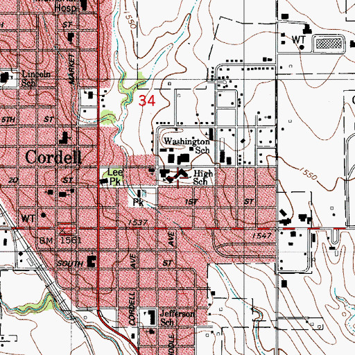 Topographic Map of Cordell Junior High School, OK