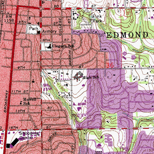 Topographic Map of Central Middle School, OK