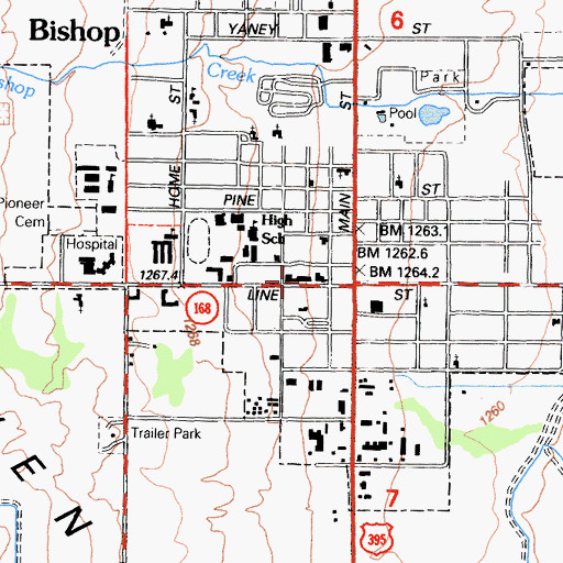 Topographic Map of Bishop City Hall, CA