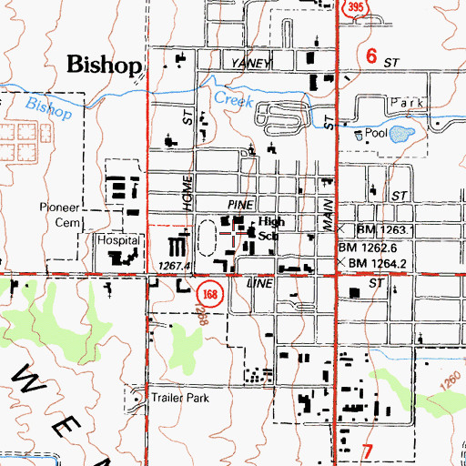 Topographic Map of Bishop Union High School, CA