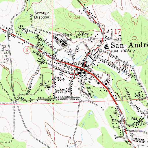 Topographic Map of San Andreas Town Hall, CA