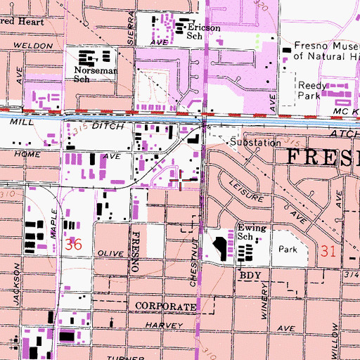 Topographic Map of Chestnut Avenue Baptist Church, CA