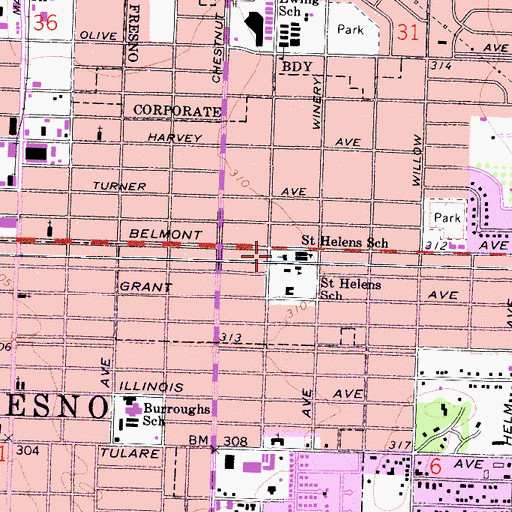Topographic Map of Saint Helens Roman Catholic Church, CA