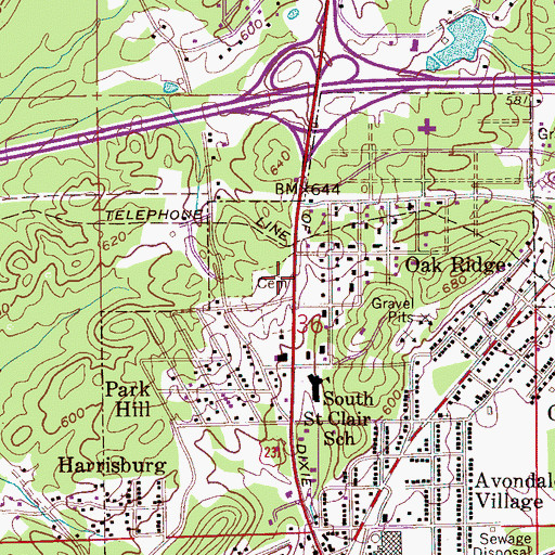 Topographic Map of Oak Ridge Cemetery, AL