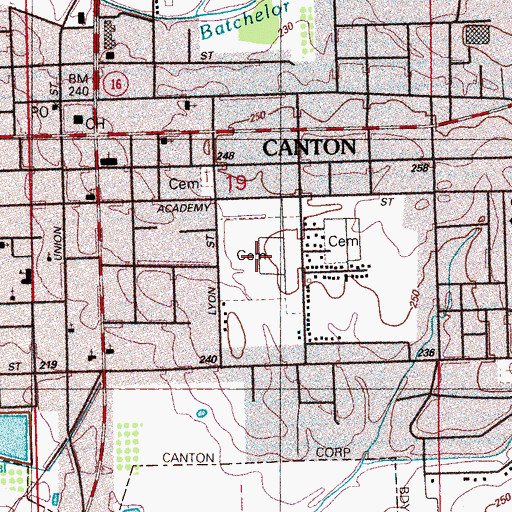 Topographic Map of Canton Cemetery, MS