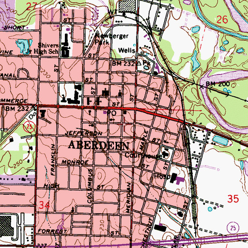 Topographic Map of Aberdeen City Hall, MS