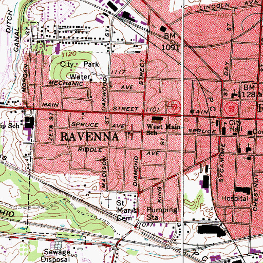 Topographic Map of Ravenna Assembly of God Church, OH