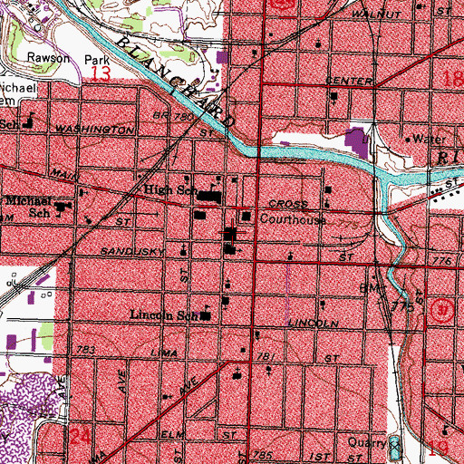 Topographic Map of Findlay City Hall, OH