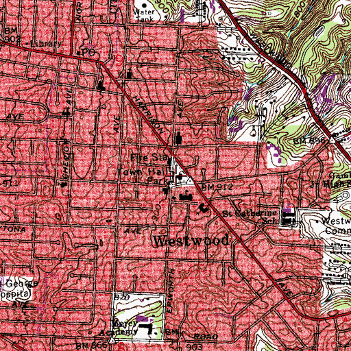 Topographic Map of Westwood Conservatory of Music, OH