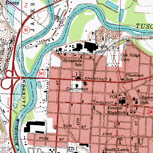 Topographic Map of Coshocton County Jail, OH
