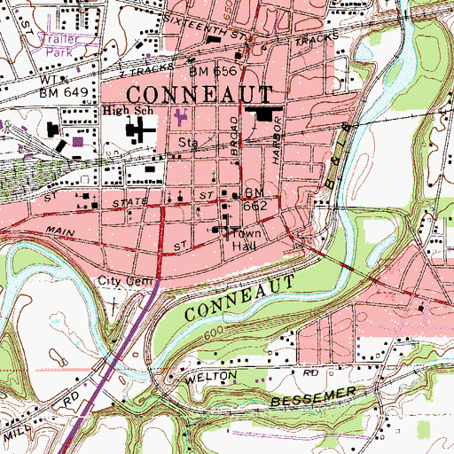 Topographic Map of Conneaut City Hall, OH