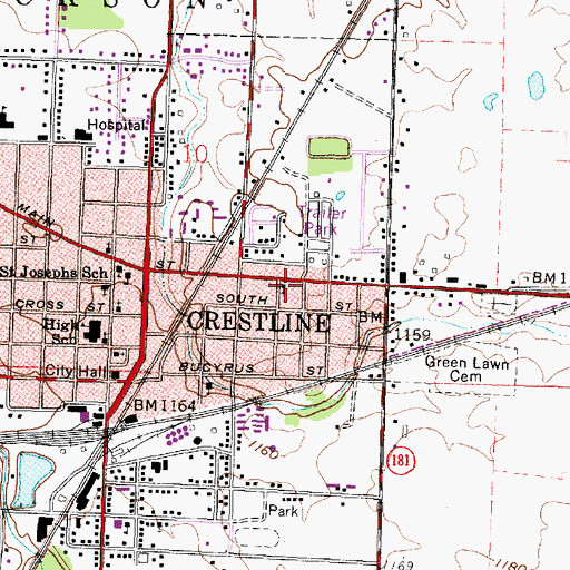 Topographic Map of Crestline Church of the Nazarene, OH