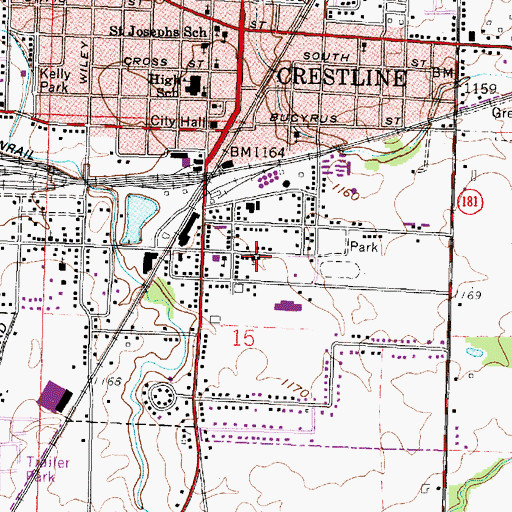 Topographic Map of First Baptist Church of Crestline, OH