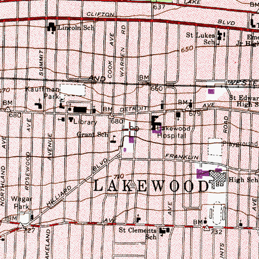 Topographic Map of Lakewood Post Office, OH