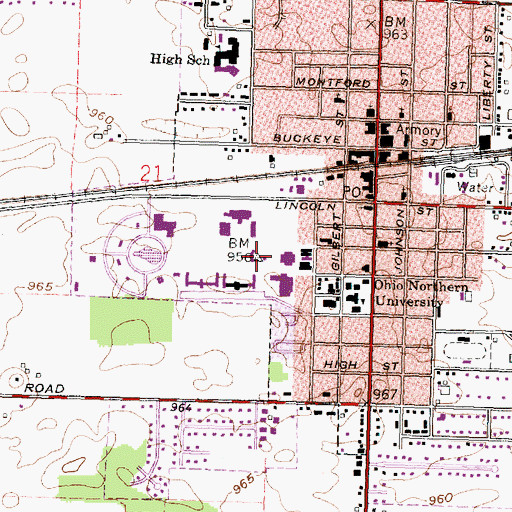 Topographic Map of J Otis Young Philosophy and Religion Building, OH