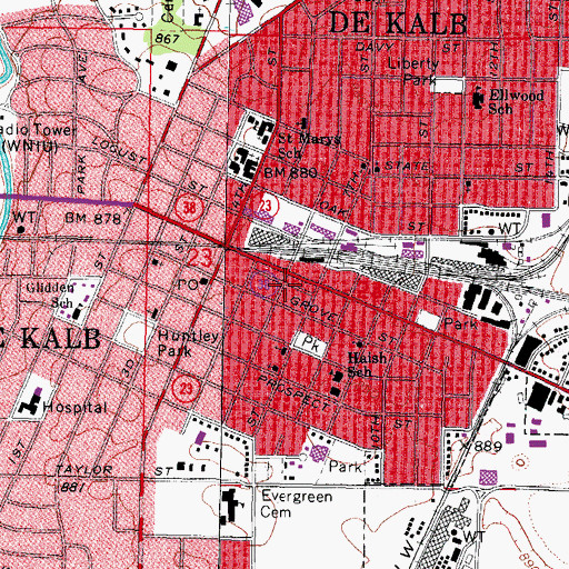 Topographic Map of DeKalb Post Office, IL