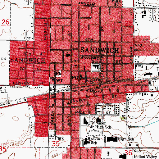 Topographic Map of Sandwich Post Office, IL
